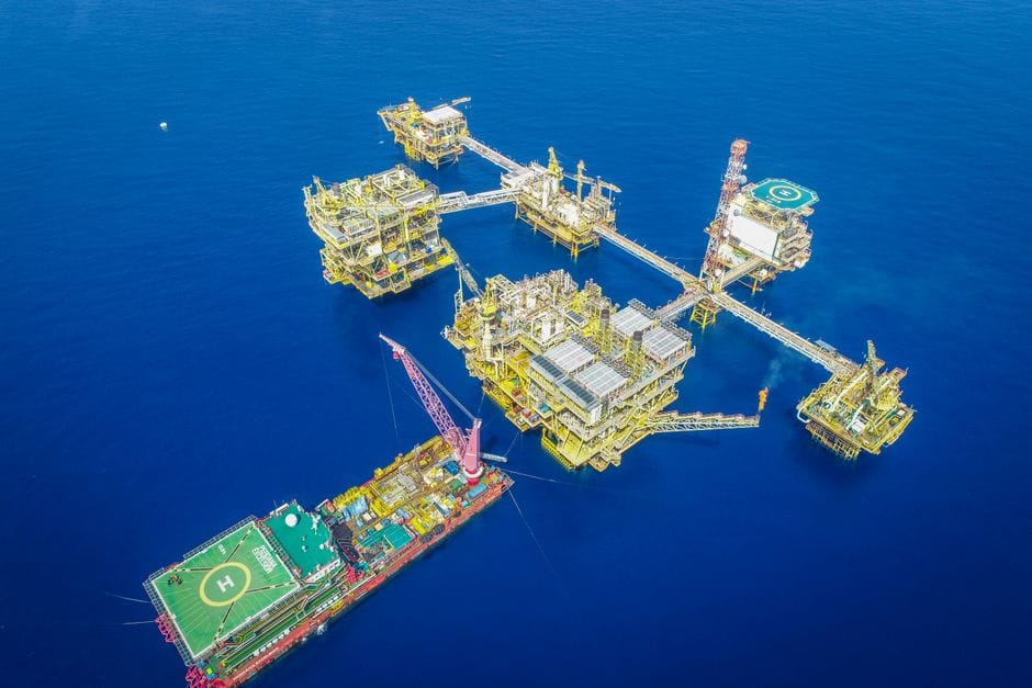 offshore oil rig platform in open ocean