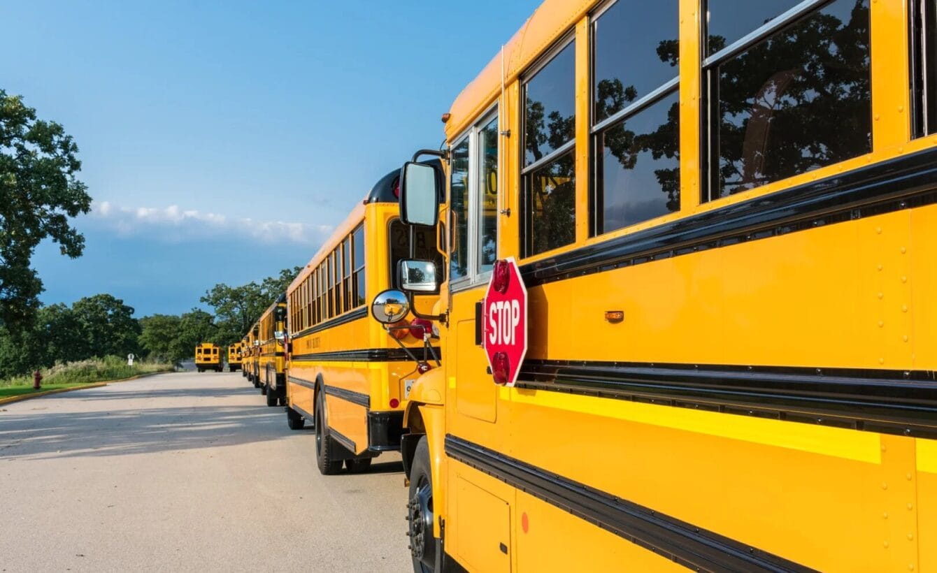 Yellow school buses parked in Gretna, Louisiana